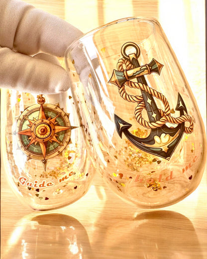 Gläser "Nautical Dreams" mit doppelten Wänden und goldenen Flakes - Set mit 2 Stück, 300 ml Fassungsvermögen, Möglichkeit zur Personalisierung durch Gravur